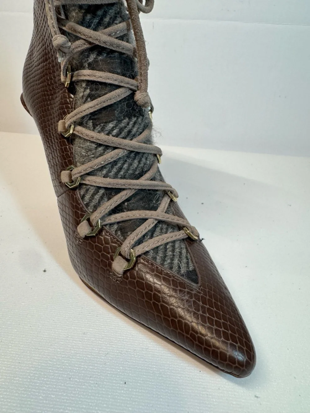 Louise et Cie Brown Reptile Lace Up Pointed Toe Wool Booties 6.5